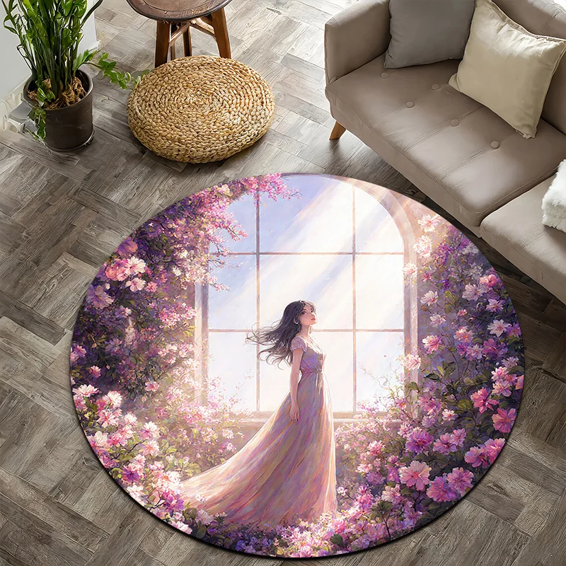 Purple romantic girl style Flannel-printed round floor mats are slip-resistant Suitable for room bedroom terrace garden carpets