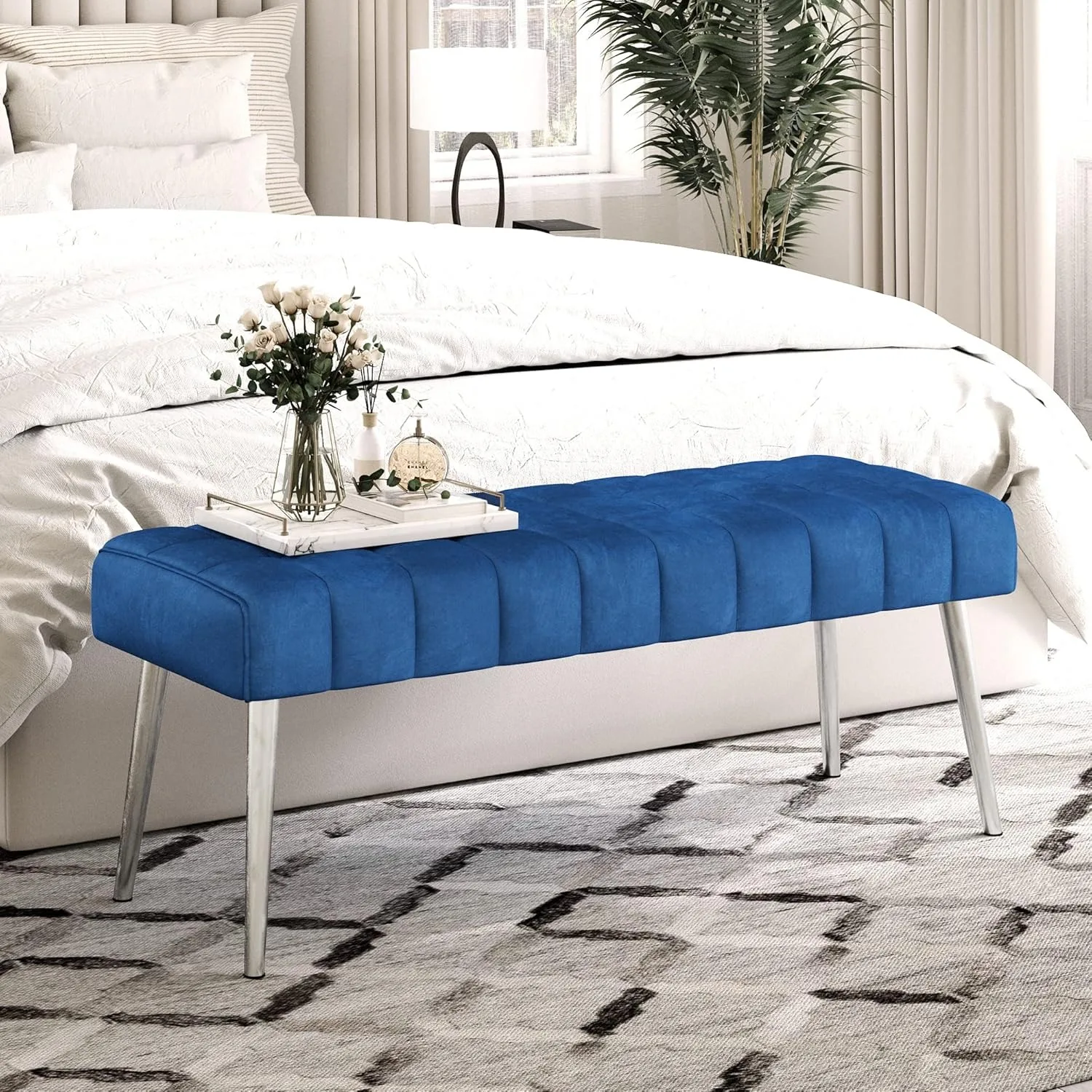 44.5” End of Bed Bench, Linen Tufted Upholstered Bedroom Bench, Modern Ottoman Bench with Metal Legs Storage , 300LB