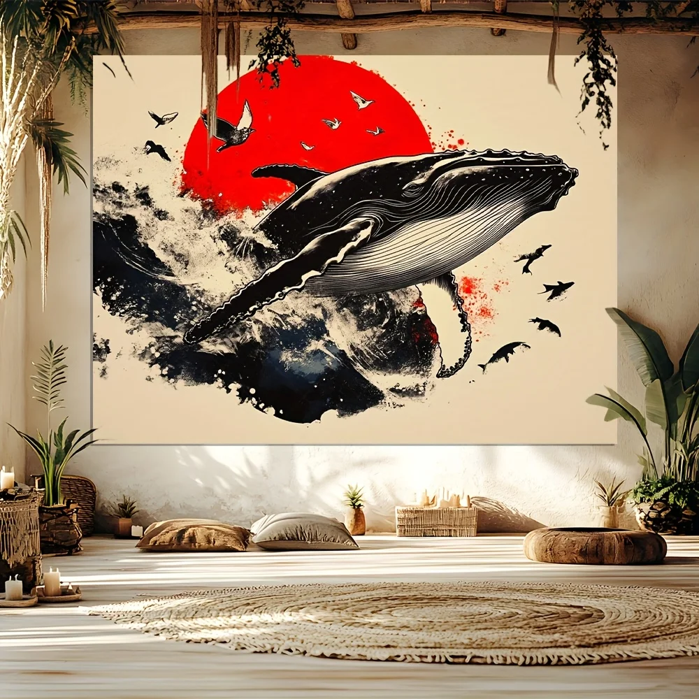 Background for whales breaking through the wave wall covering, vibrant birds and shark-like creatures design tapestry
