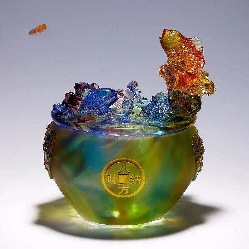 

Glass Eight Square Money Drawing Cornucopia Glass Crafts Carp Ornaments Living Room Light Luxury High-End Housewarming