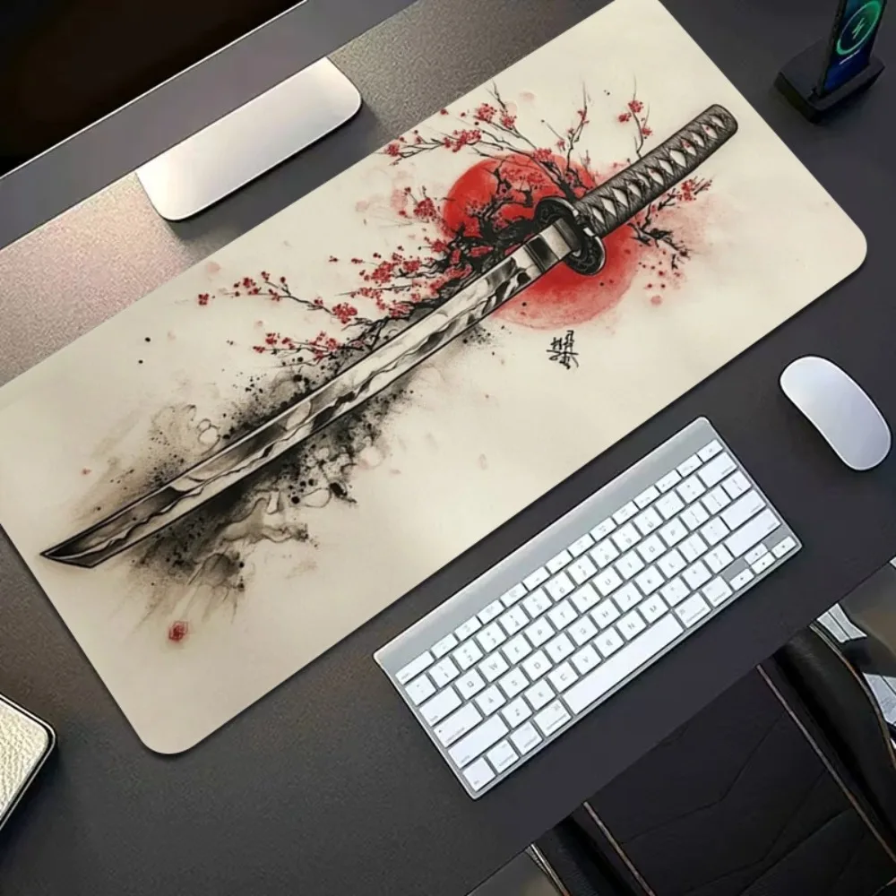 Anti-slip rubber bottom, black/red/mustard color Japanese samurai sword cherry blossom design - suitable for computers