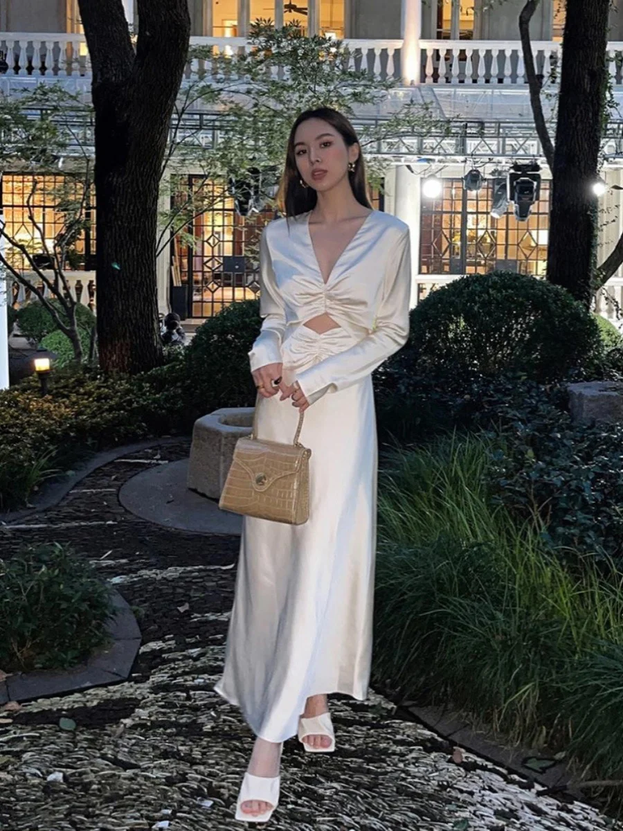 

White Satin V-Ne Long Sve Slim Fit Evening Dr for Year-End Par Birthday Celebration Faionable Mid-Waist Gown