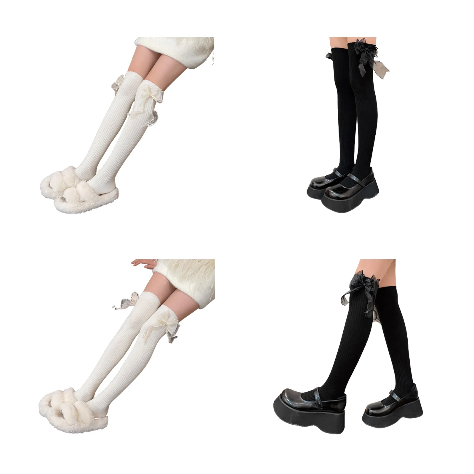 

Girls' bow-knot thigh-high socks combo pack: 1 pair each of black and white knee-high thigh-high socks