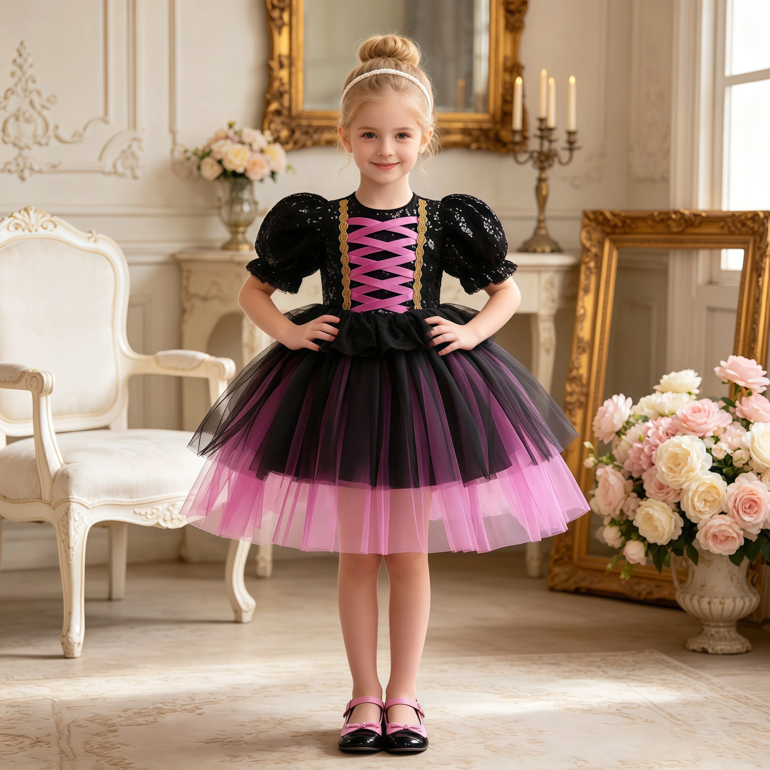 Elegante Halloween-Party-Kleider für Mädchen, schicke Tüll-Hochzeits-Brautjungfern-Geburtstags-Abendkleider, Mädchen-Gothic-Hexen-Weihnachtskostüme