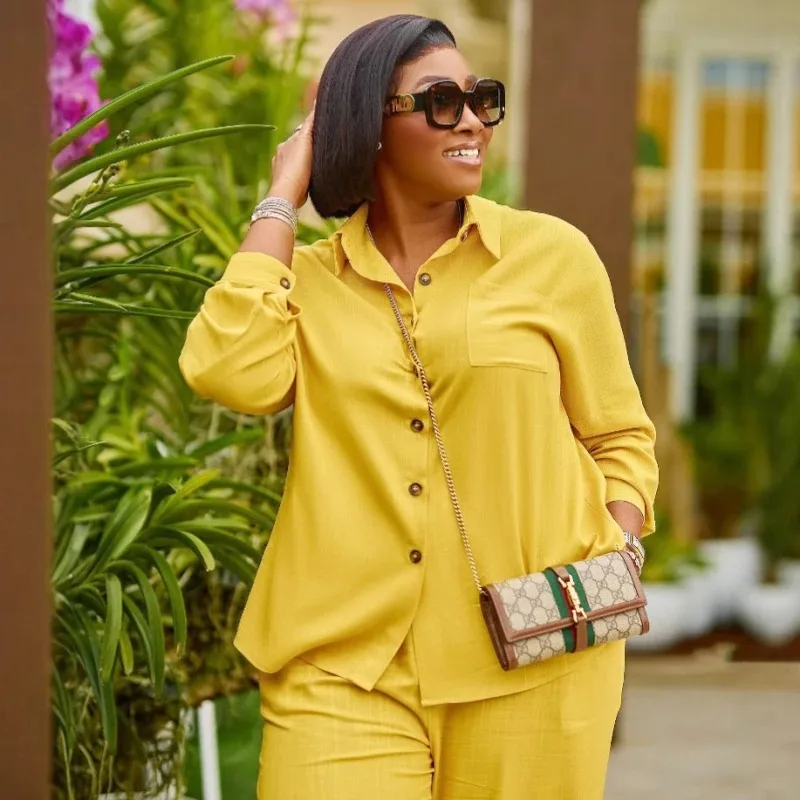 

African Fashion Casual Women Two Piece Set Solid Color Turn Down Collar Oversize Loose Shirt And Wide Leg Pants Set Outfits