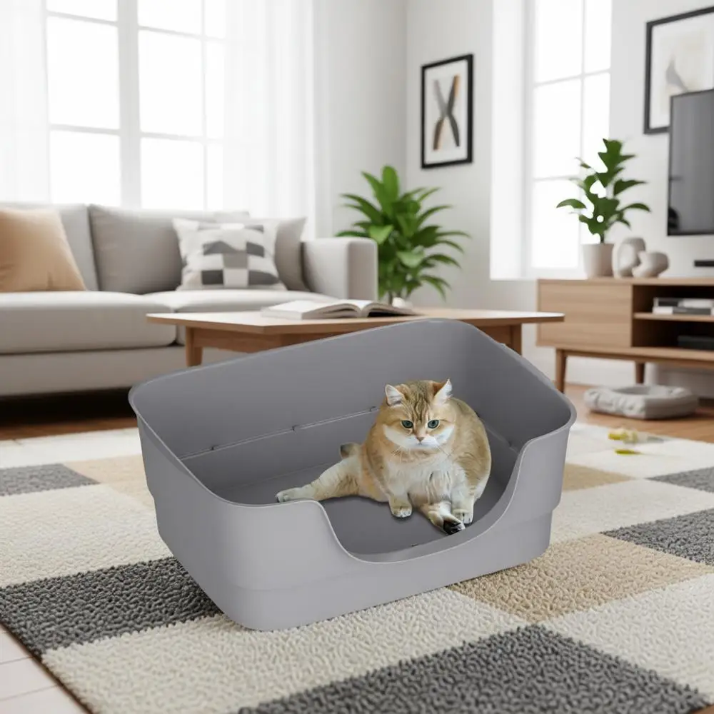 

Extra Large Cat Litter Box for Big Cats - High Sides & Low Enter Design, Spacious Anti-Spill Pet Toilet (Grey)