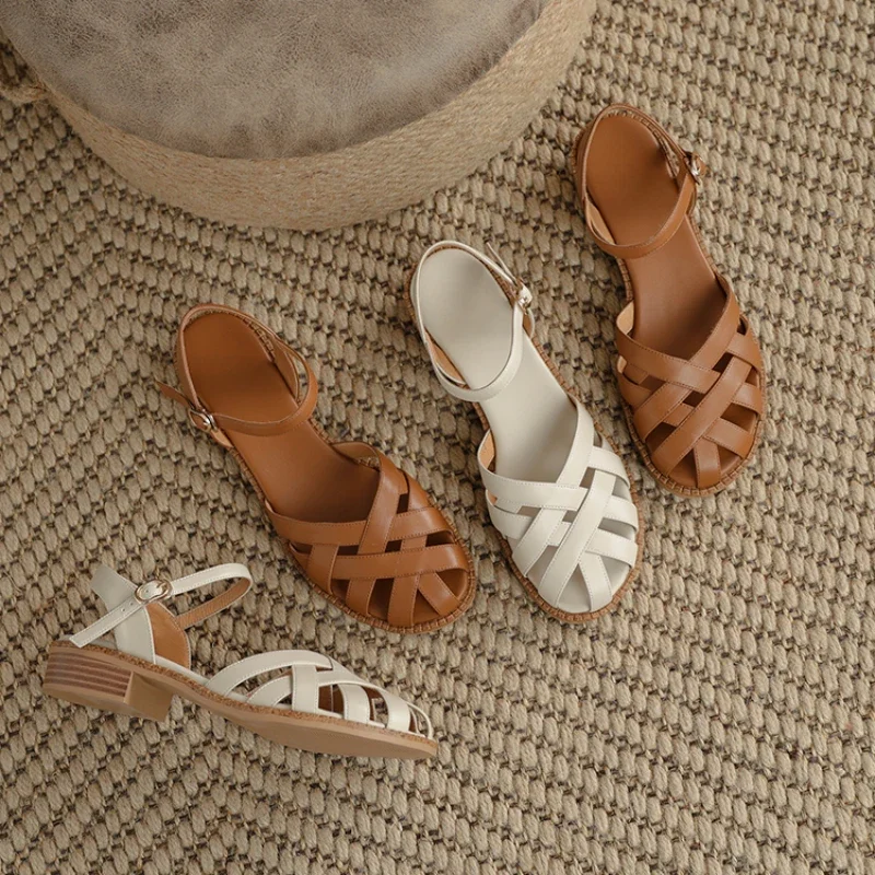 Retro style Summer Women Sandals Fashion Elegant Weave Cover Toe Shoes Ladies Comfort Low Heel Beach Vacation Sandalias