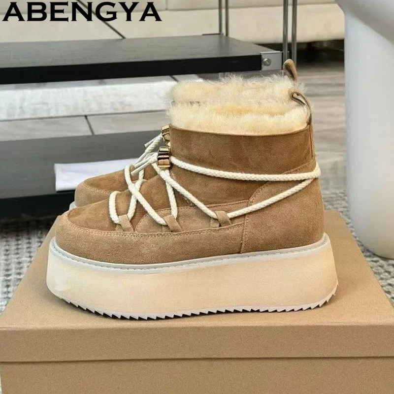 

Thick Sole Winter Wool Snow Boots Women Suede Leather Lace Up Ankle Boots For Women Warm Fur Flat Shoes Woman Botas Mujer