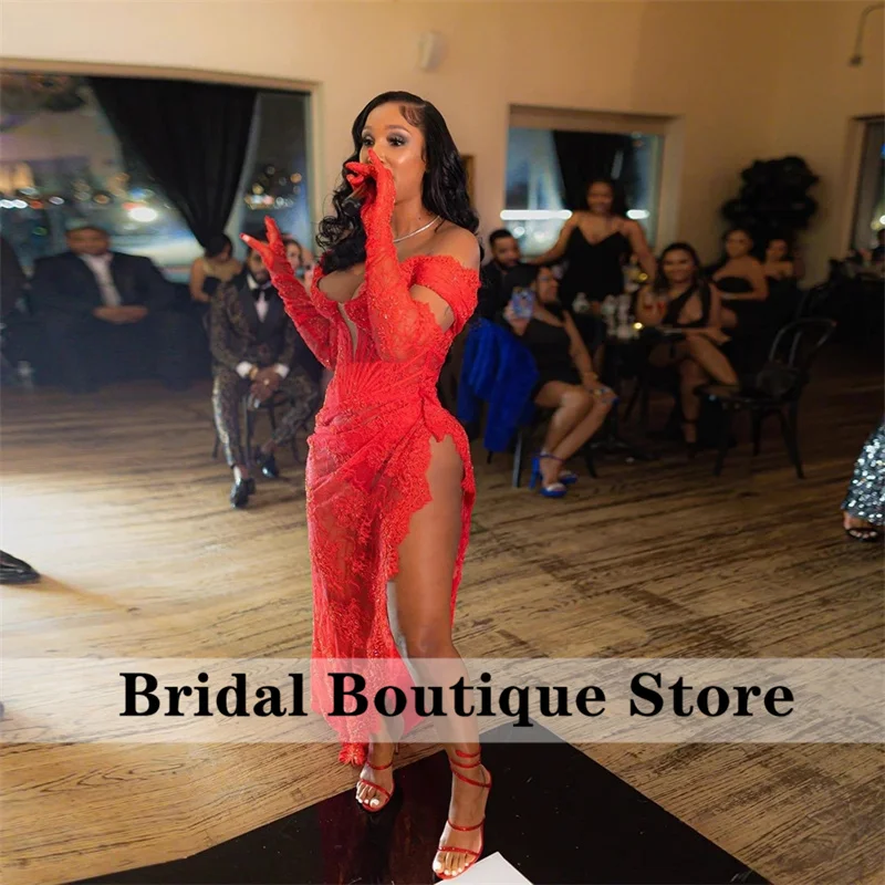 Sexy Red Long Prom Dresses 2026 With Two Gloves Slit Lace Birthday Party Off Shoulder Corset Gowns Robe Lace-Up Back Customized