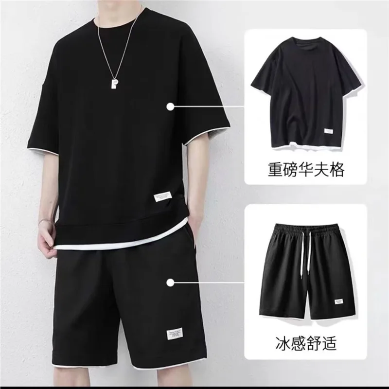 Waffle Shorts Set Men's Summer Short-sleeved Men's Clothing Set with Handsome Trendy Casual Sportswear