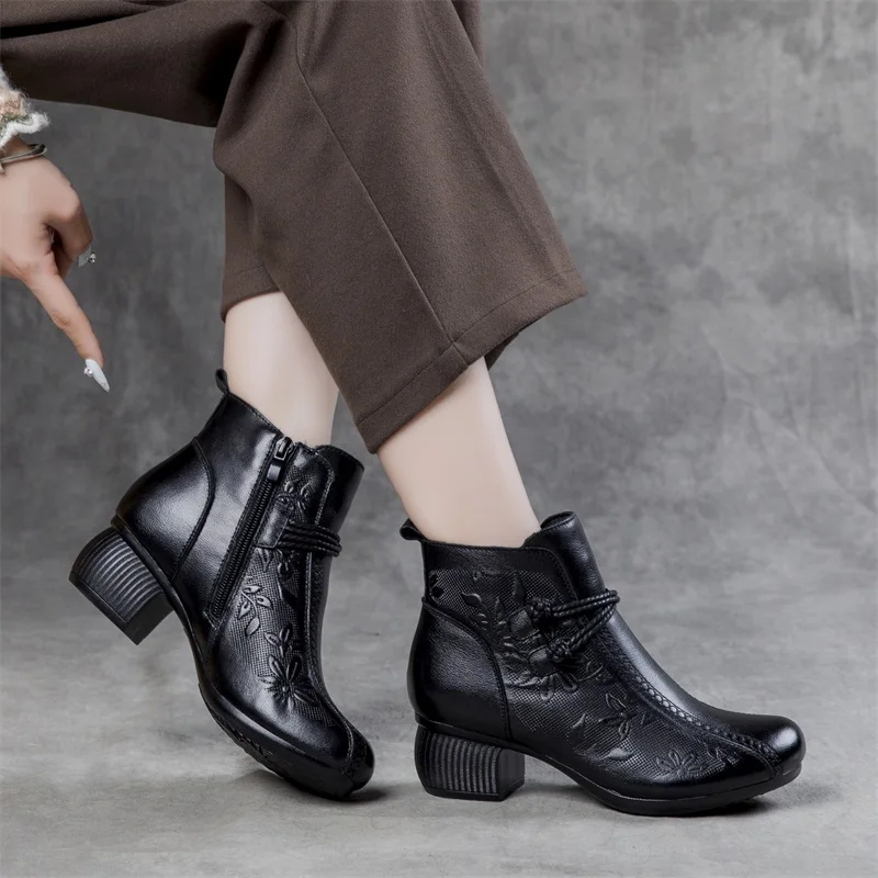 GKTINOO 2024 New Autumn Winter Thick Heel Ankle Boots Women Warm Boots Shoes Handmade Genuine Leather Zipper Retro Boots