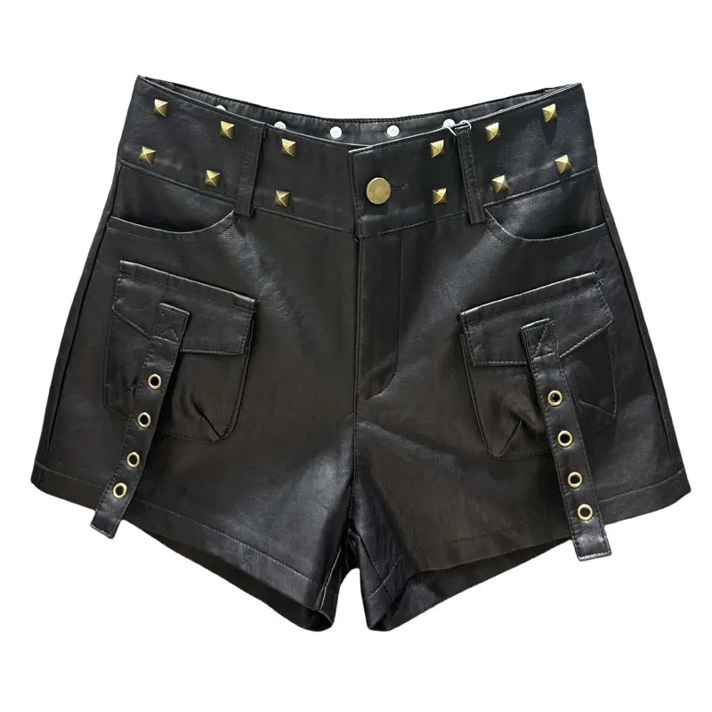 

Сверхмощные шорты из искусственной кожи с заклепками и карманами Sweet Cool Hot Girl, осенние утягивающие шорты трапециевидной формы с широкими штанинами и высокой талией