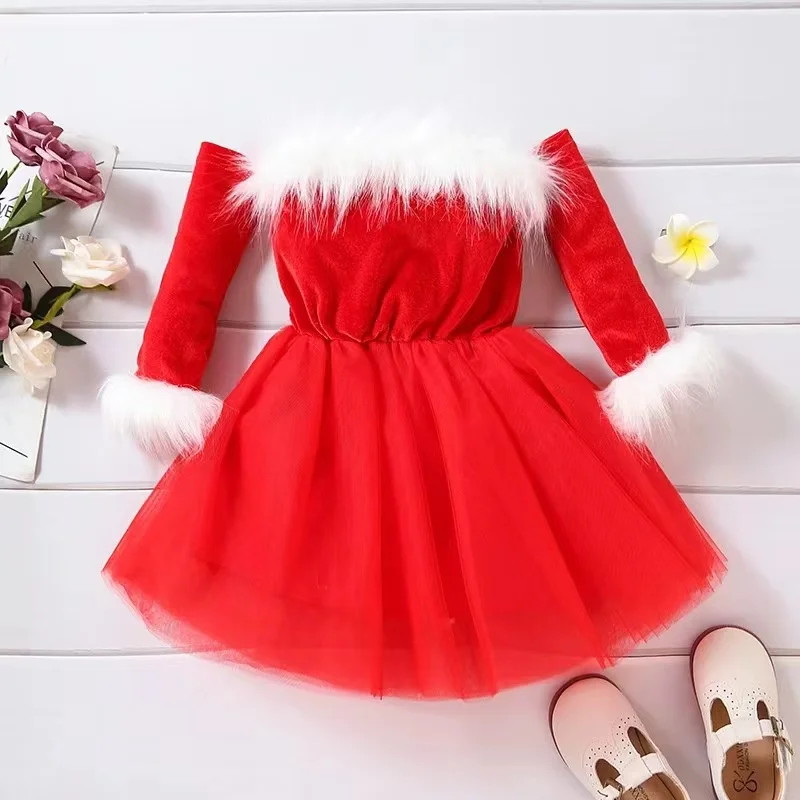 

Santa Children Christmas Autumn & Winter Girls Baby Clothing Dress Princess Plush One-Line Collar With Long Sleeves Tulle Skirt