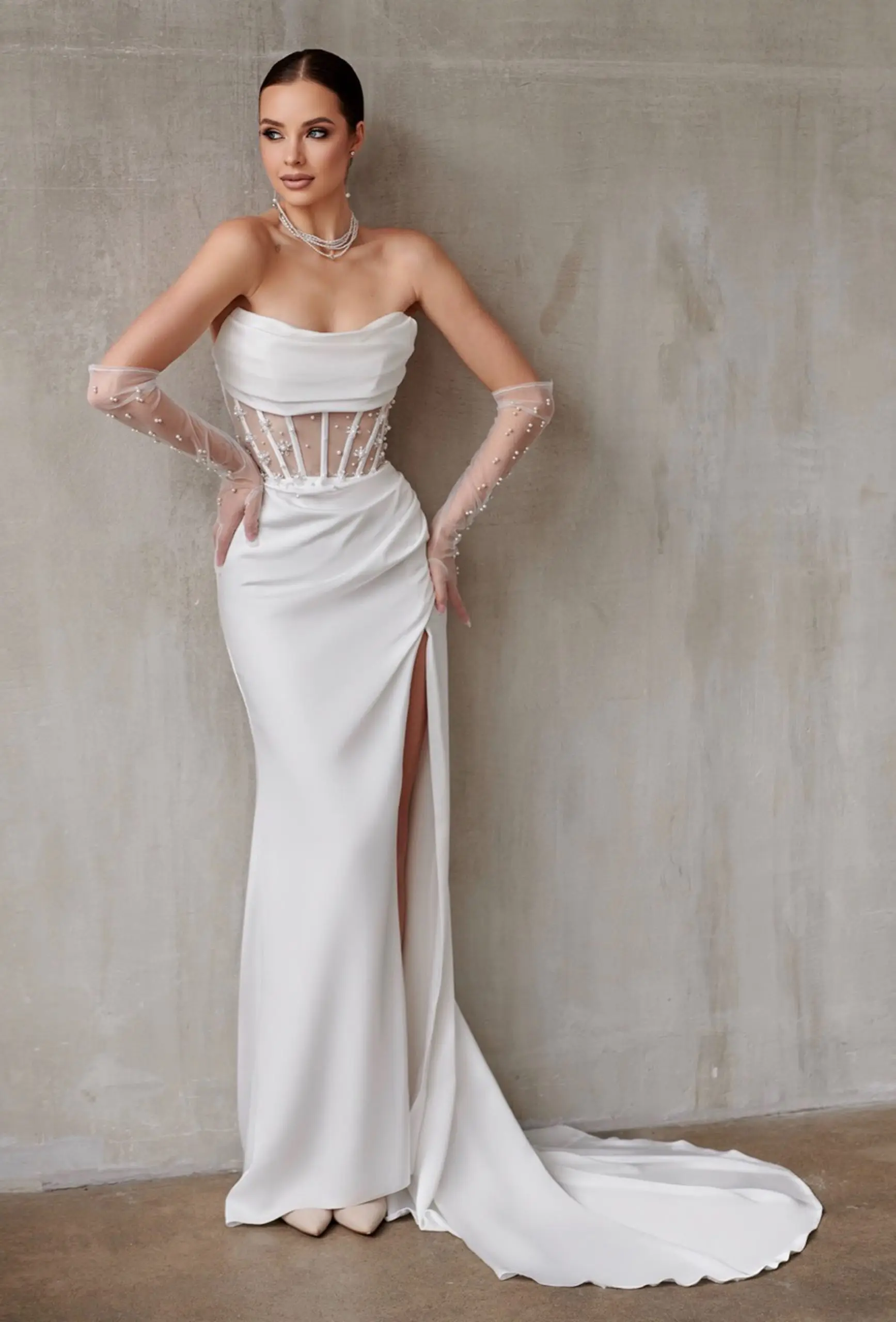 custom Elegan White/Black Bride Corset Evening Party Dress with Sexy Leg Split  Long Train  Off-shoulder Wedding Gown