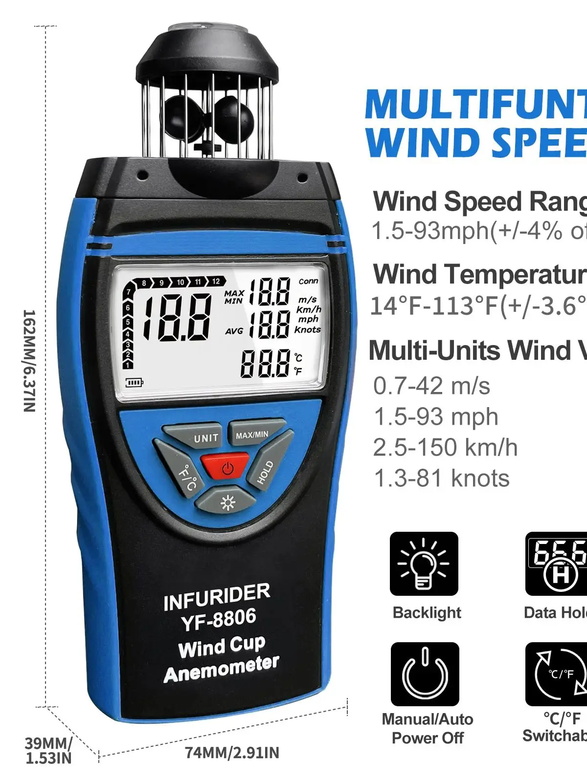 

8806 Digital Anemometer Air Flow Gauge for Drone Sailing HVAC Outdoor Ventilation with Backlight Temp Max/Min Data Hold Auto Off