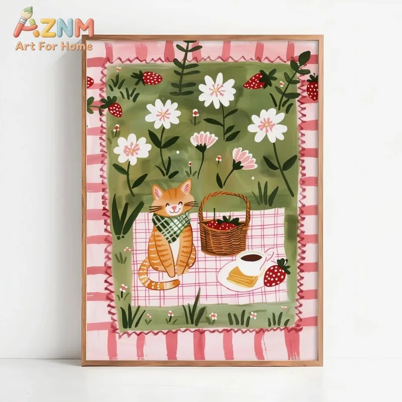 Cute Orange Cat Picnic Canvas Wall Art Strawberry Flower Garden Print with Coffee Basket Wall Decor Unframed Canvas Poster