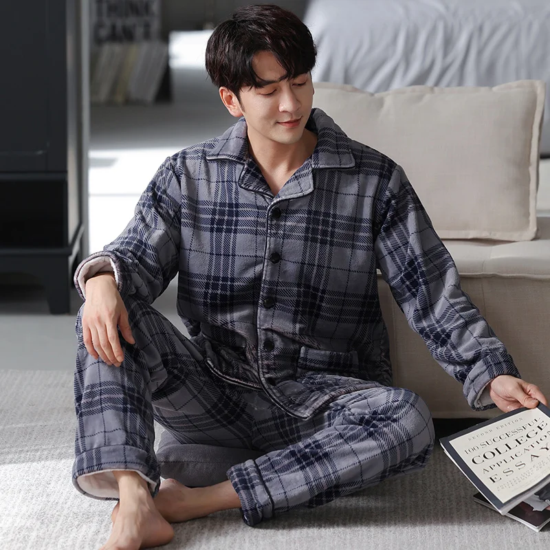 Plus Size M-4XL Men Pajamas Set Winter Thick Warm Flannel Pyjama Male Plaid Sleepwear Casual Pyjama