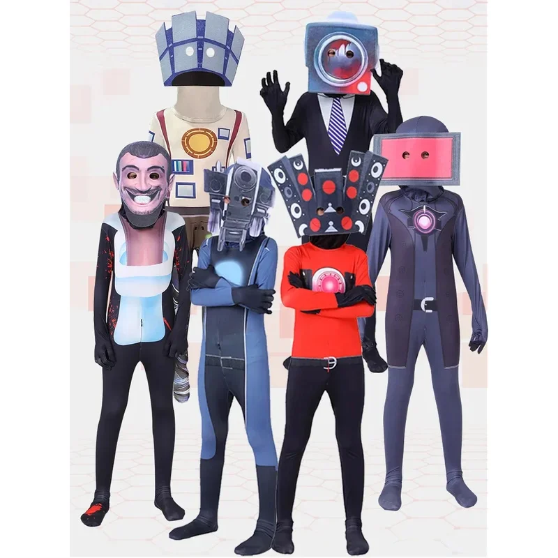 CyAnime Skibidi المرحاض تأثيري الصوت رجل كاميرا رجل تلفزيون رجل زي بذلة قناع مجموعة كاملة حفلة الهالوين الرجال الكبار