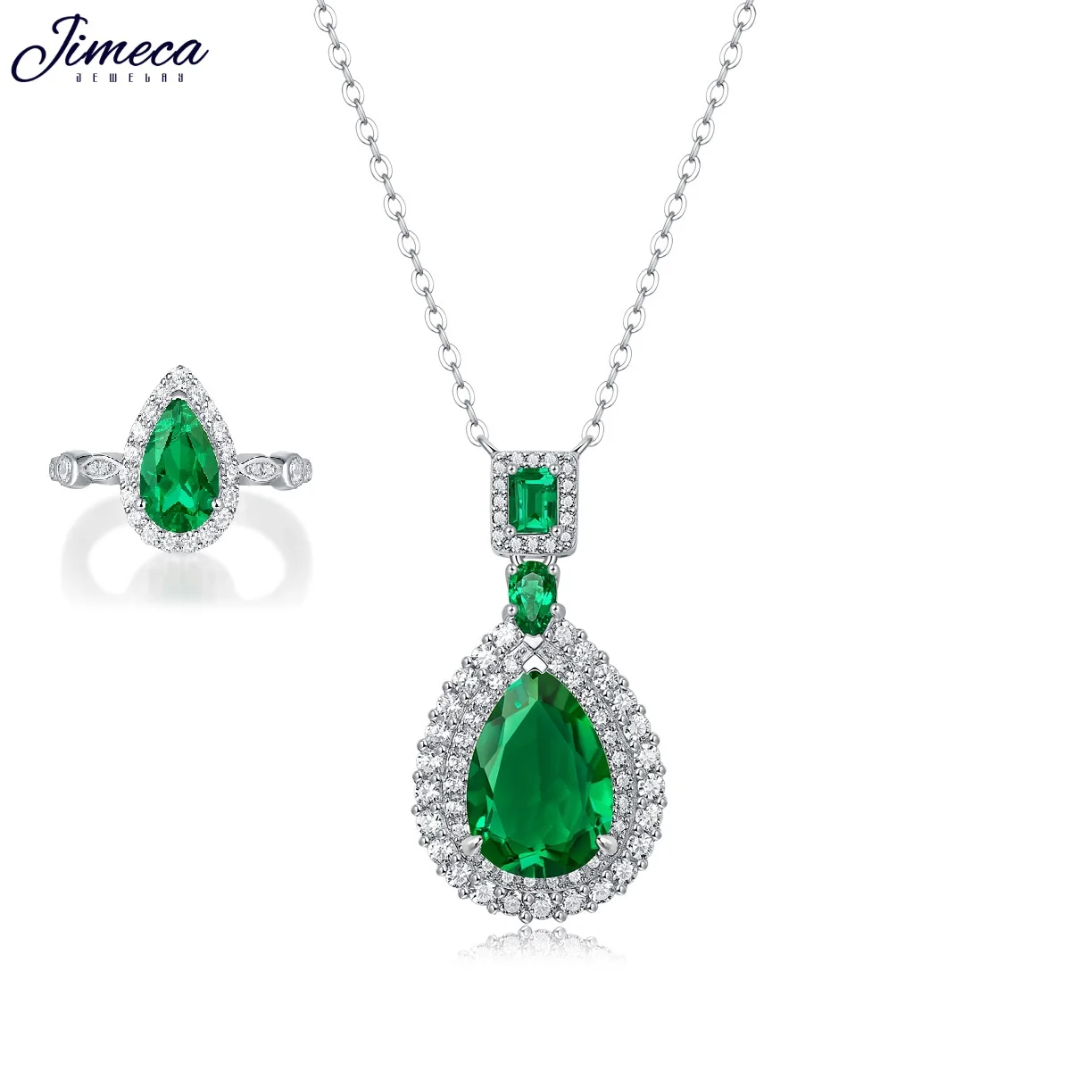 

Emerald Ring Necklace Set 925 Silver, Luxury Waterdrop jewelry set Women, Green germstone open ring collares mujer tendencia