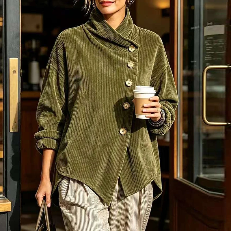 New Autumn Winter Corduroy Jacket For Women Wrap Cowl Neck Long Sleeve Loose Coat Irregular Button Jackets For Women Sweatshirts