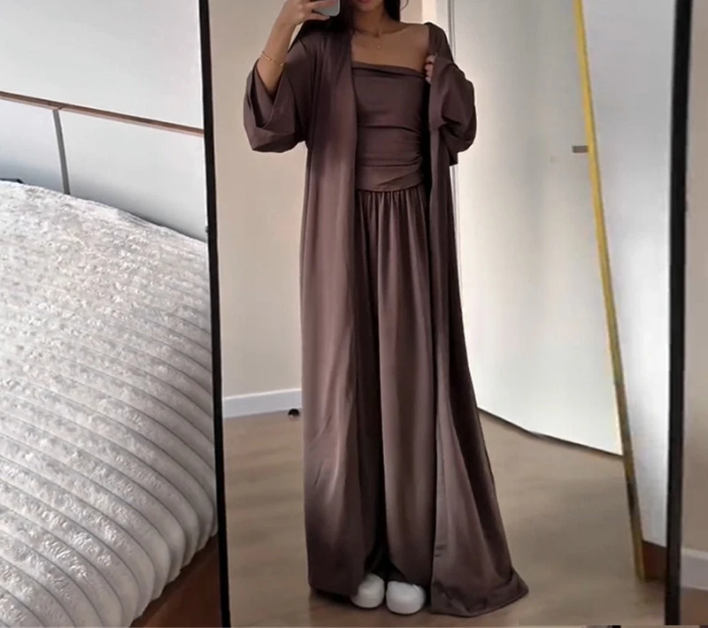 

Women 2025 Spring Summer Casual Long Sleeve Cardigan Tank Top Wide Leg Pants 3 Piece Set