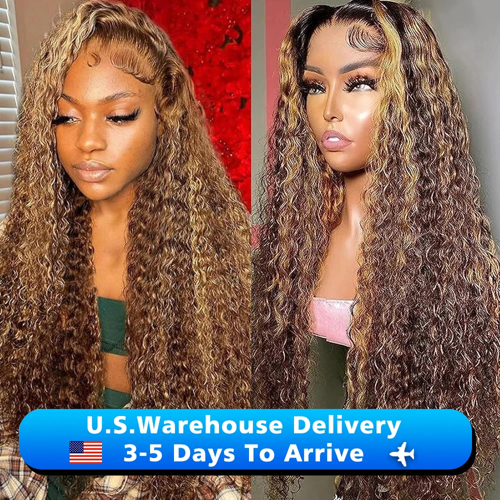 Highlight Ombre Colored Curly HD Transparent 13X4 Human Hair Brown Lace Front Human Hair Deep Wave Lace Frontal Wig 250 Density