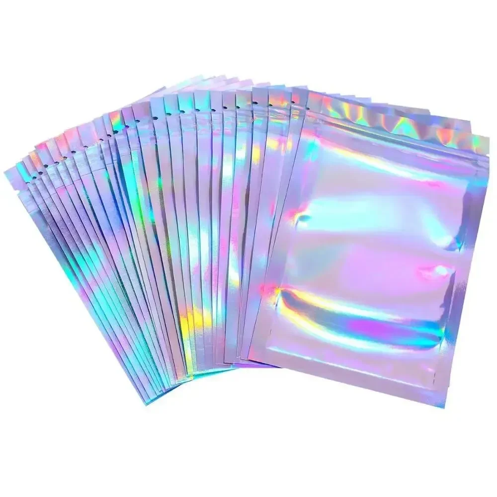 100PCS Holographic Bag Laser Rainbow Pattern Self Sealing Bag Candy Bag and Front Window Sample Bag
