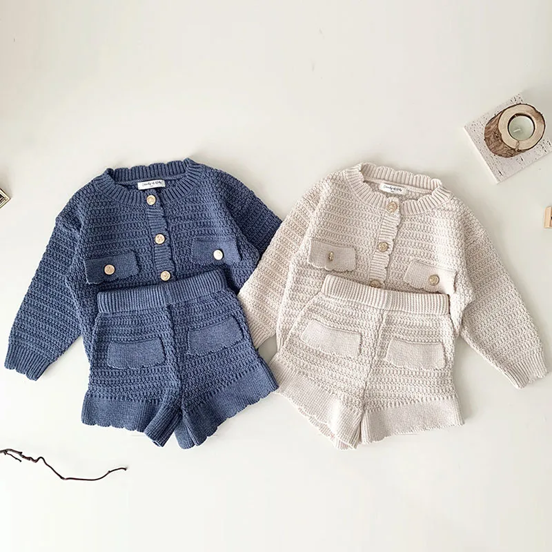 Autumn Spring Baby Girl Clothes Suit Long Sleeved Solid Color Knitted Cardigan Sweater+Shorts Kids Knitted Clothing Set