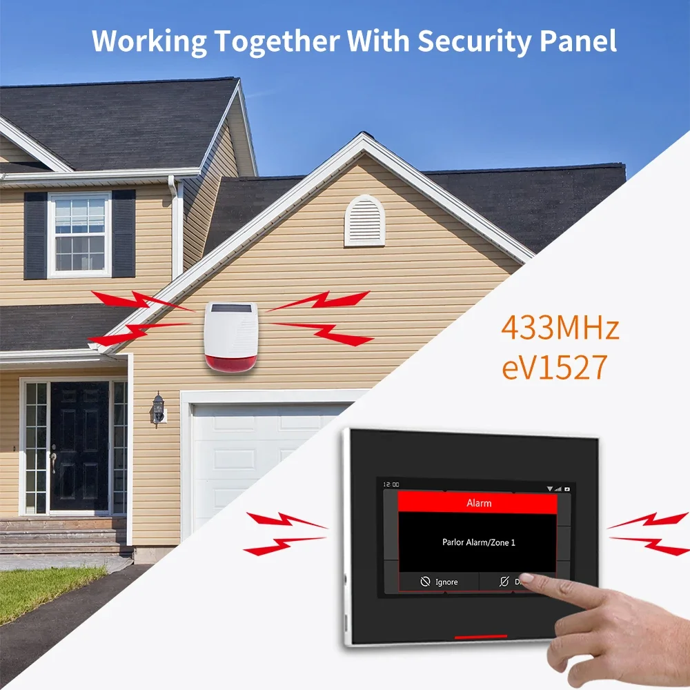 Solar Wireless Security Siren 433MHz - 120dB Loud Outdoor Alarm + Strobe Light, Waterproof Smart Home Burglar System