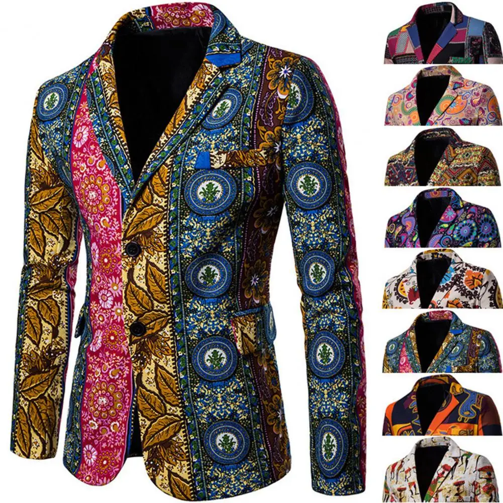 

Retro Harajuku Autumn Men Blazer African Characteristics Ethnic Print Single Breasted Slim Lapel Suit Jacket Male Streetwear