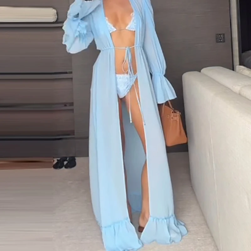 

Trendy Flare Long Sleeve Loose Chiffon Cardigan Casual Women Beach Vacation Bikini Sunscreen Coat Elegant Solid Color Long Shirt