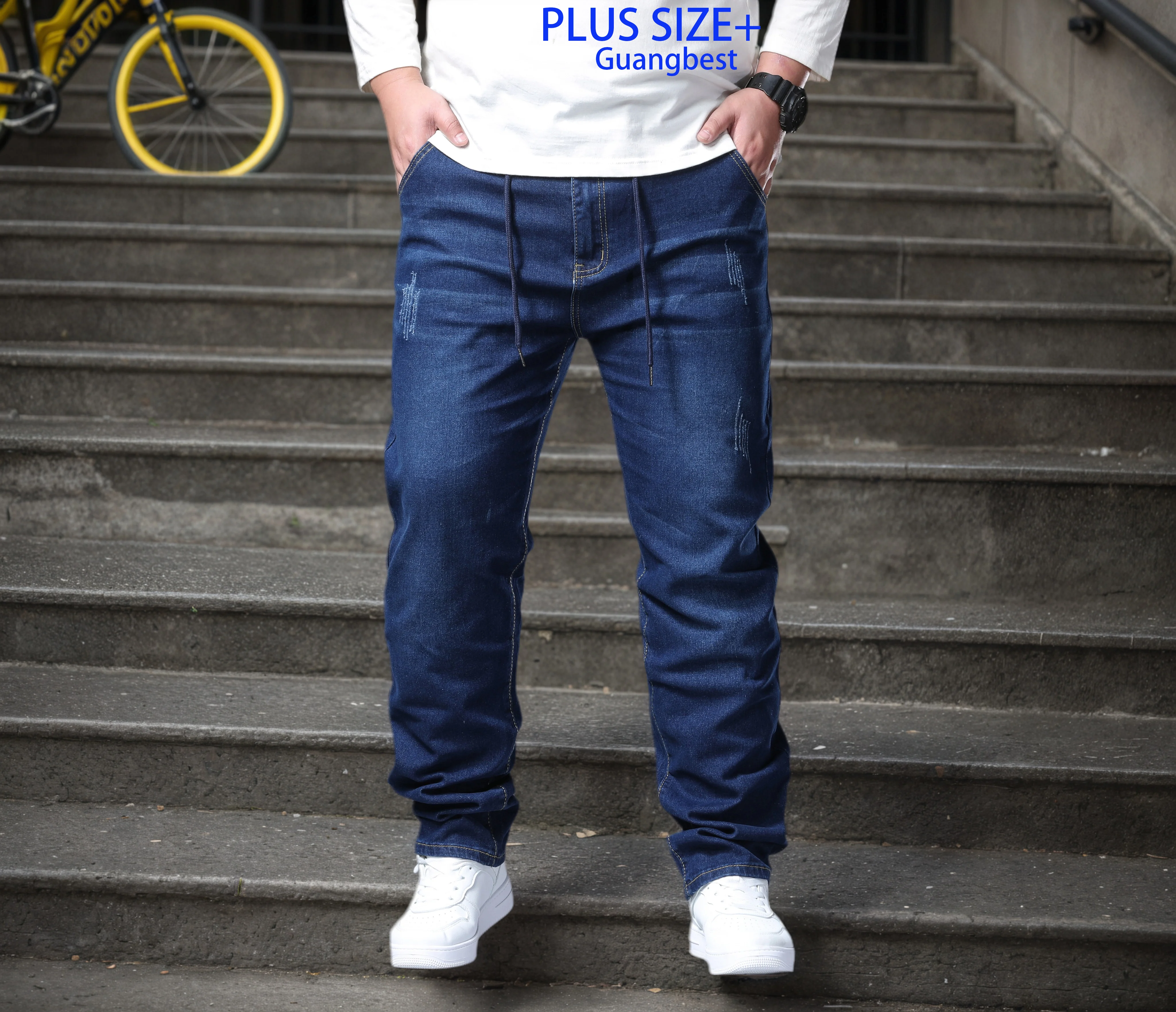 

Plus Size +Extra Large Size 2Xl-6Xl with Drawstring Men's Jeans, Stretchy and Slimming, No Ironing Needed, Men's High-End Luxury