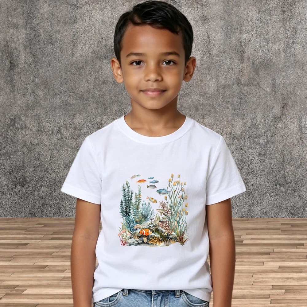 Children Summer T-Shirt Short Sleeve Boys Girls Fish and Seaweed Print Casual Fashion Tops