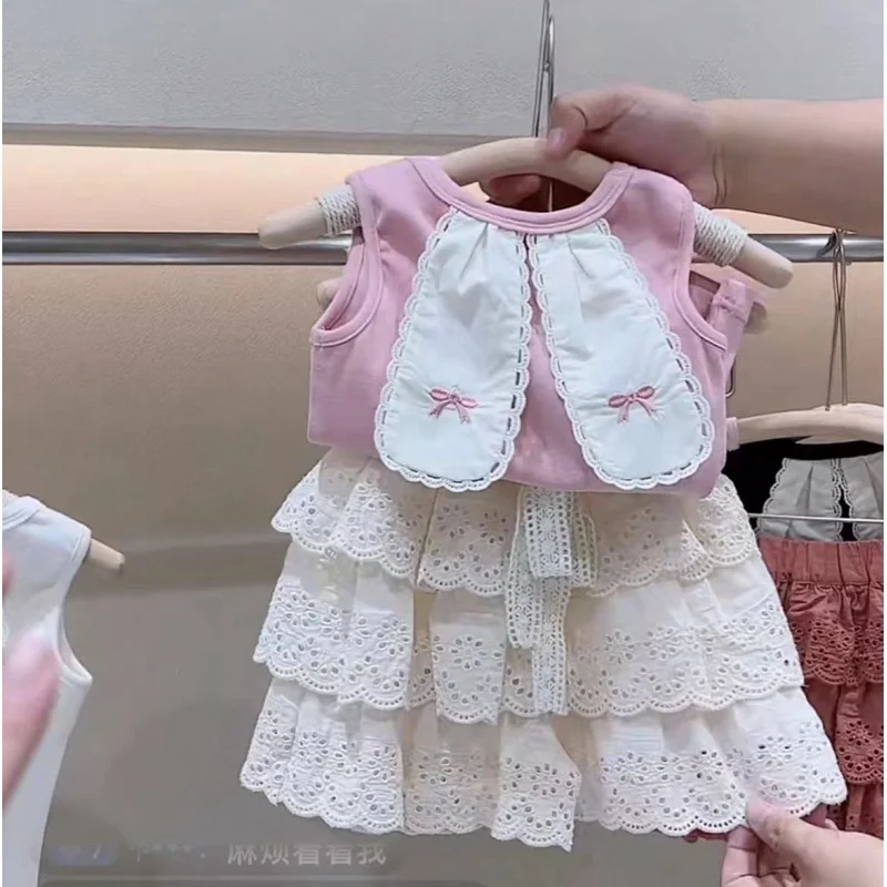 

Girls' Fried Street Suit Cute Rabbit Ears Western Style Summer Baby GirlTT-shirt Vest+Cake Dress Skirt Two-Piece Set-KXKM