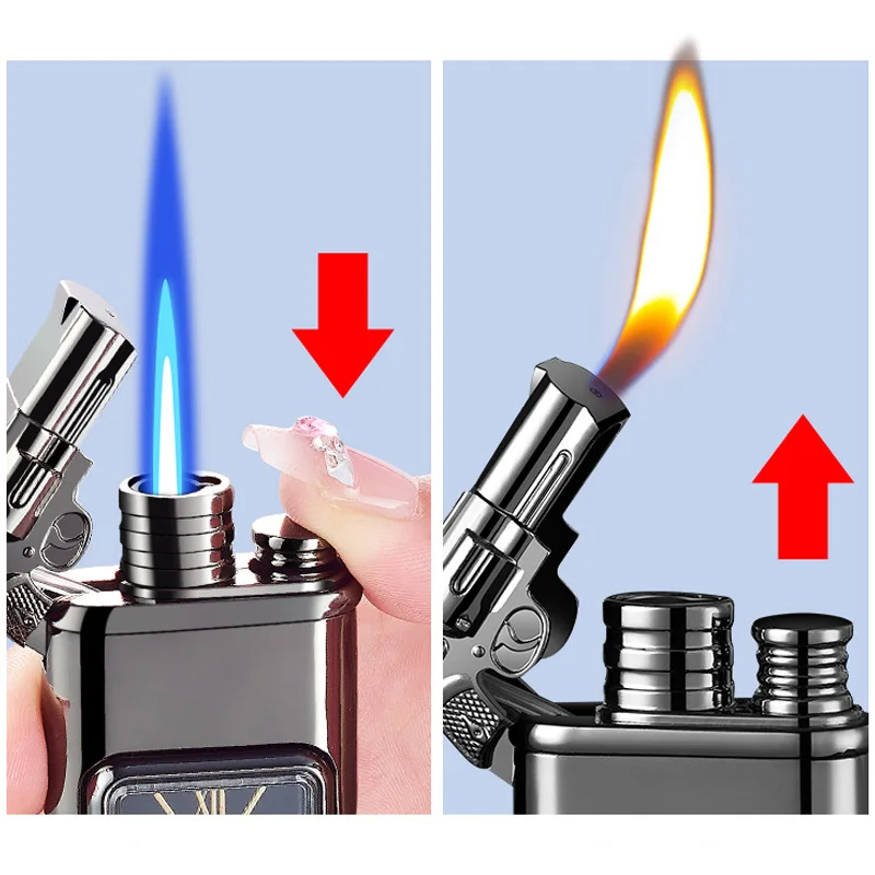 Fashion Double Flame Turbo Jet Gas Lighter Quartz Dial Inflatable Compact Butane Metal Windproof Cigarette Lighters Gift