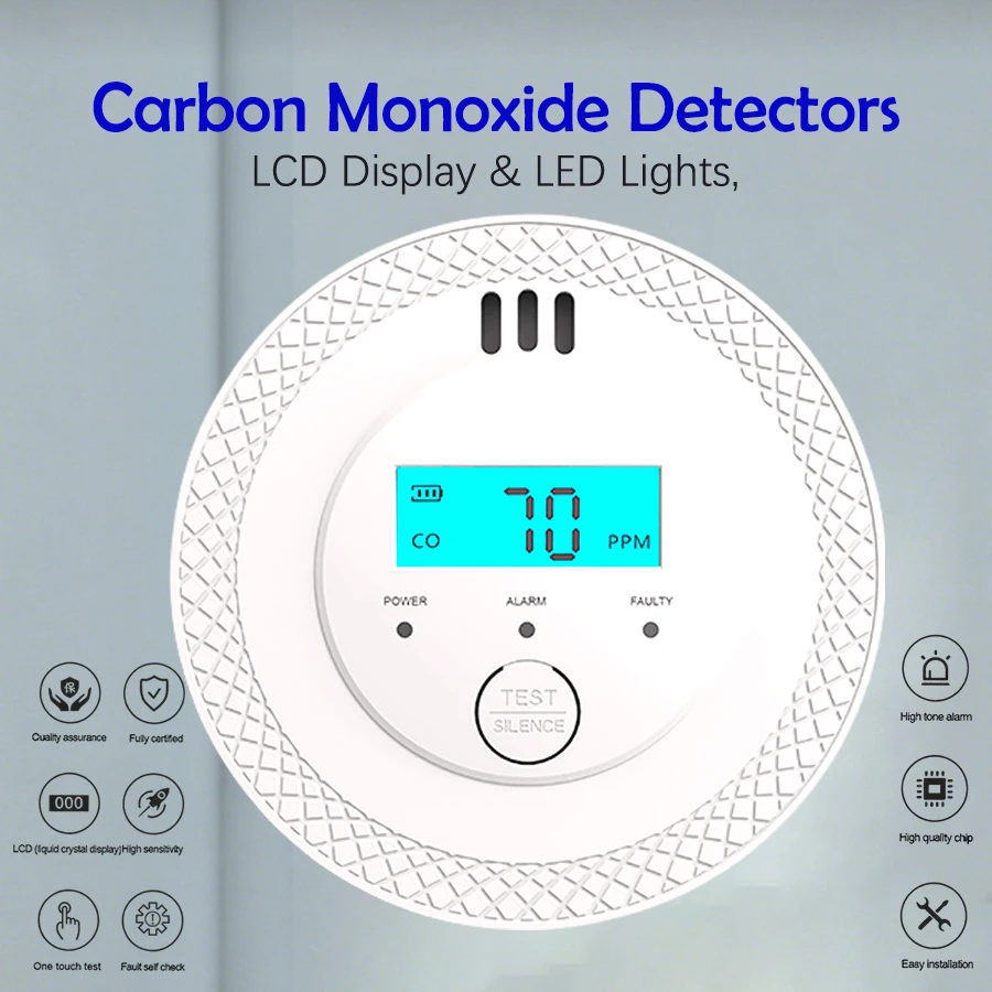 كاشفات أول أكسيد الكربون جهاز كشف إنذار ثاني أكسيد الكربون المستقل مع شاشة رقمية لمكتب المطبخ والمطعم والفنادق