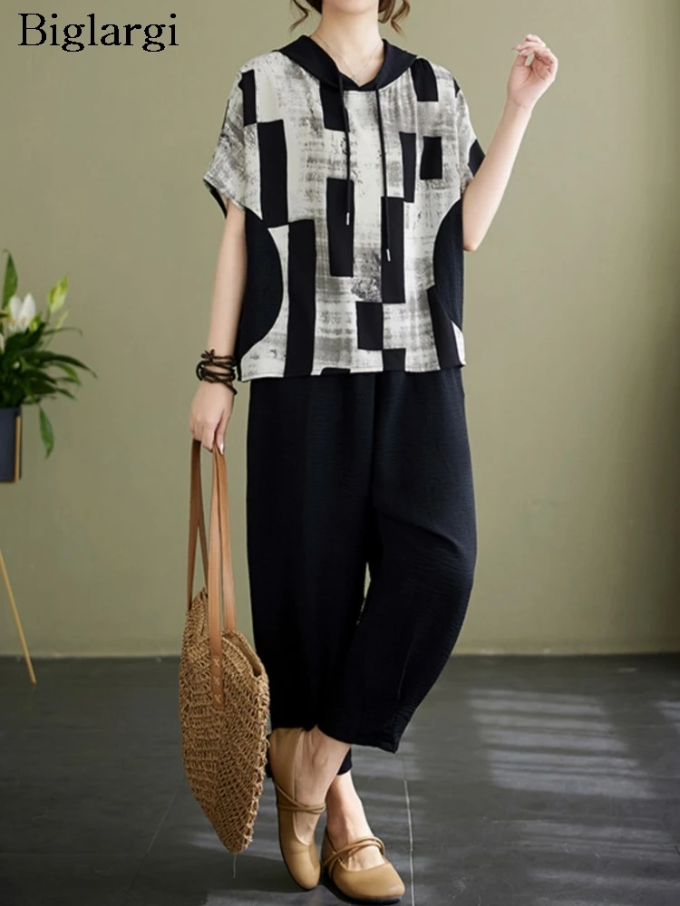 여름 투피스 세트 여성 후드 스트라이프 티셔츠 캐주얼 여성 상의 탄력있는 하이웨이스트 패션 여성 와이드 레그 팬츠