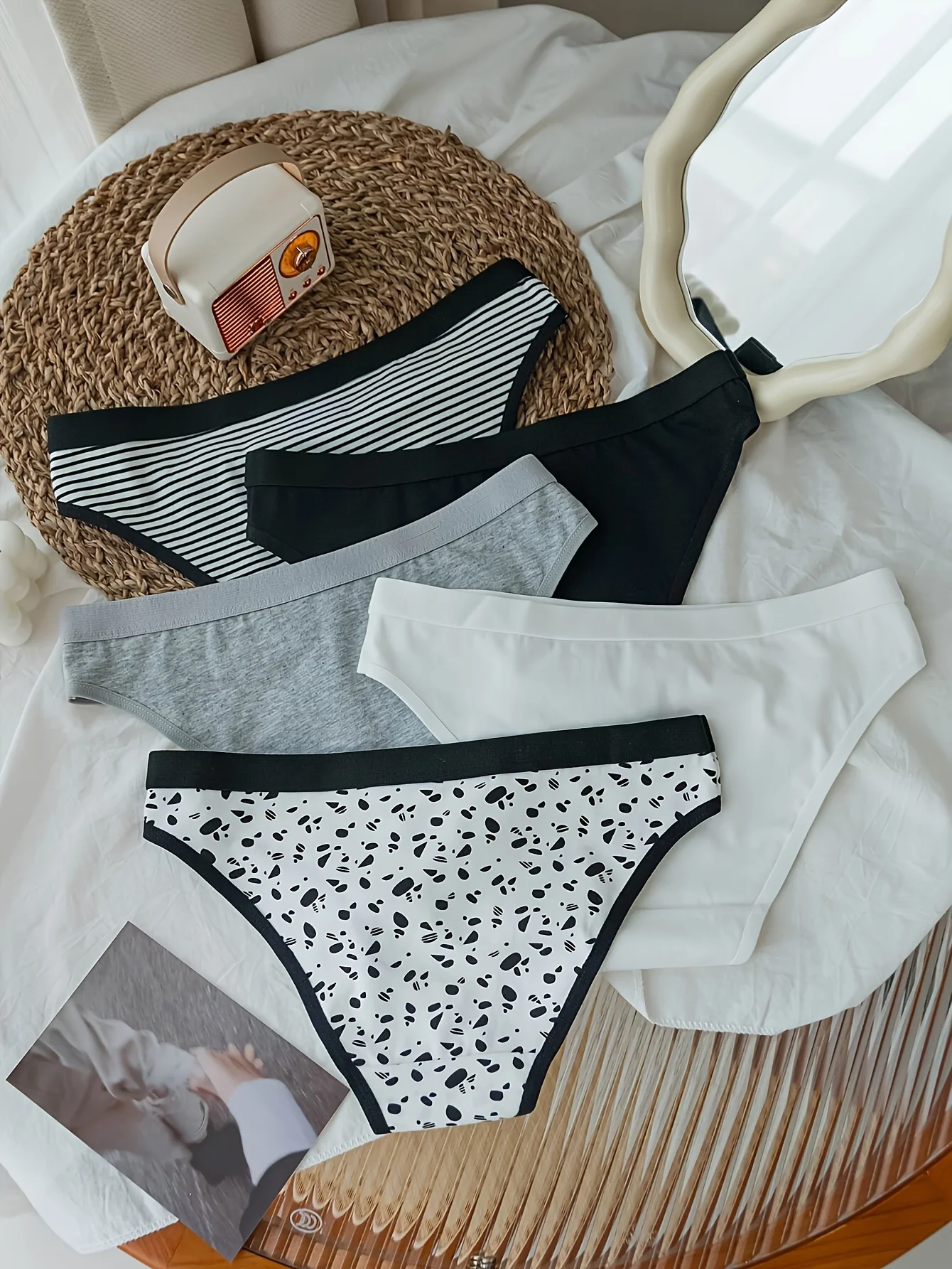 5-piece mixed color pure cotton simple style women's briefs, low waist bag, simple striped color-blocking women's underwear