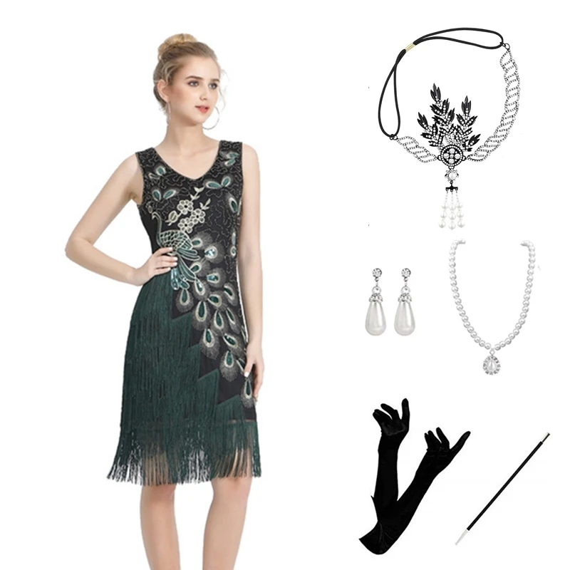 1920s Sexy Ball Dress V-Neck Sequin Tassel Gatsby Set Birthday Party Dance Festival Performance Gathering Sisters Attire