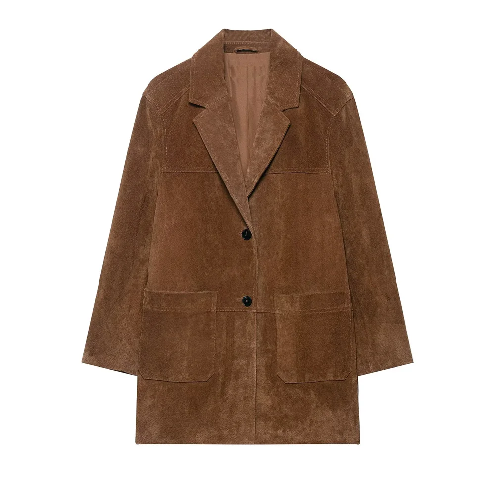 

Autumn new women's collar long sleeved pocket embellished suede suit single breasted casual versatile jacket