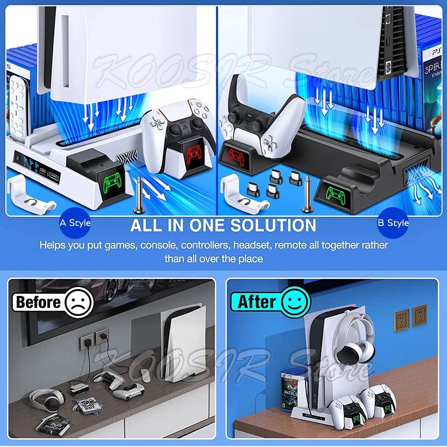 Untuk PlayStation 5 PS5 Disc & konsol Digital dudukan pendingin Radiator Play Station PS 5 Headset Holder 2 pengontrol Charger 2 kipas
