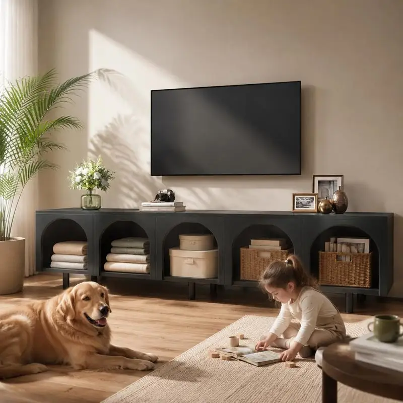 Meuble TV moderne à porte arquée, meuble de rangement pour médias en MDF et PB avec 5 portes et pieds en métal, meuble de divertissement pour salon, noir, 180 cm