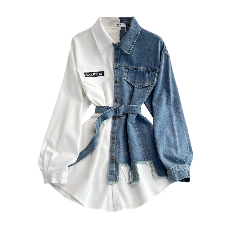 Denim Patchwork LapeL Dress For Autumn Winter, New Korean Version With Slim Waist And Irregular Mid Length Shirt 480g