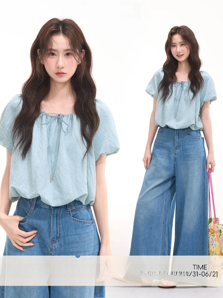 

Heme Princess Style Cotton Blend Short Sleeve Bloom Shirt Women's Summer Top Salted Caramel Wind Southern Breeze Design
