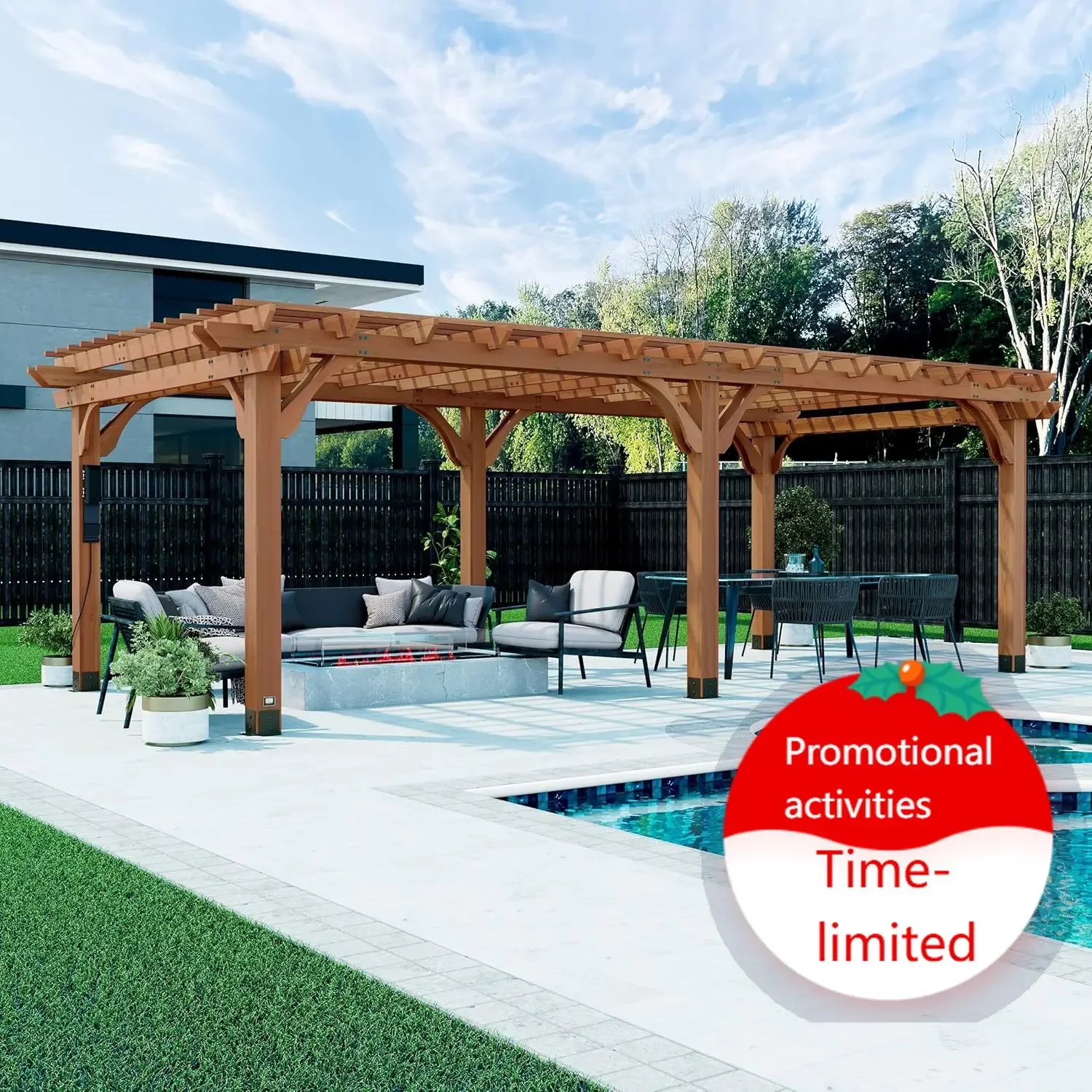 Beaumont 24' x 12' Traditional Cedar Wood Pergola Kit with Trellis Roof, All-Season Durability, High-Wind Rating, PowerPort, Sha