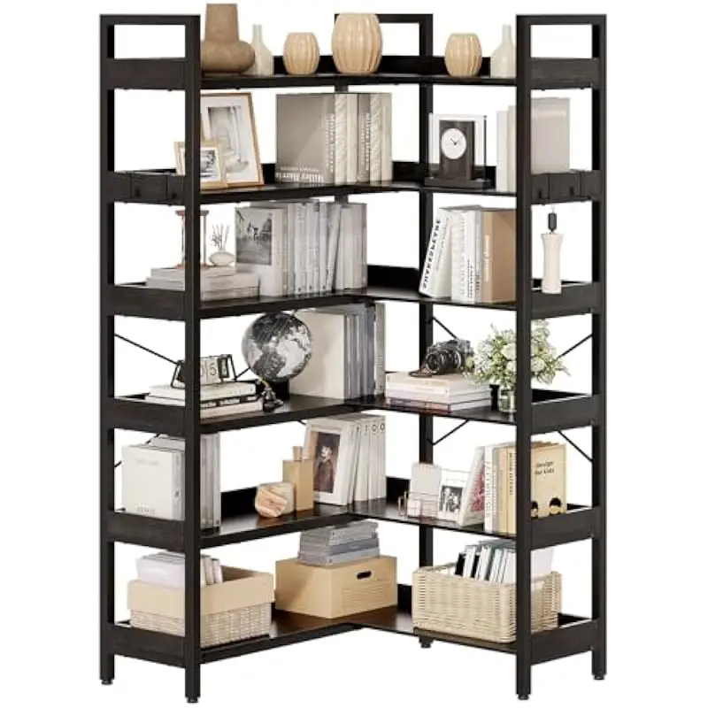 6-Shelf Modular Bookcase with Dual Configuration Options Floor Standing Rectangular Unit Matte Metal Frame Waterproof Wood Shelv