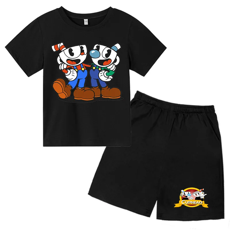 Kids cup head Girls T-Shirt Pants Two Piece Set 3D Cartoon Girls cup head Toddler Baby Clothing Kids 3 4 5 6 7-14 Years Old