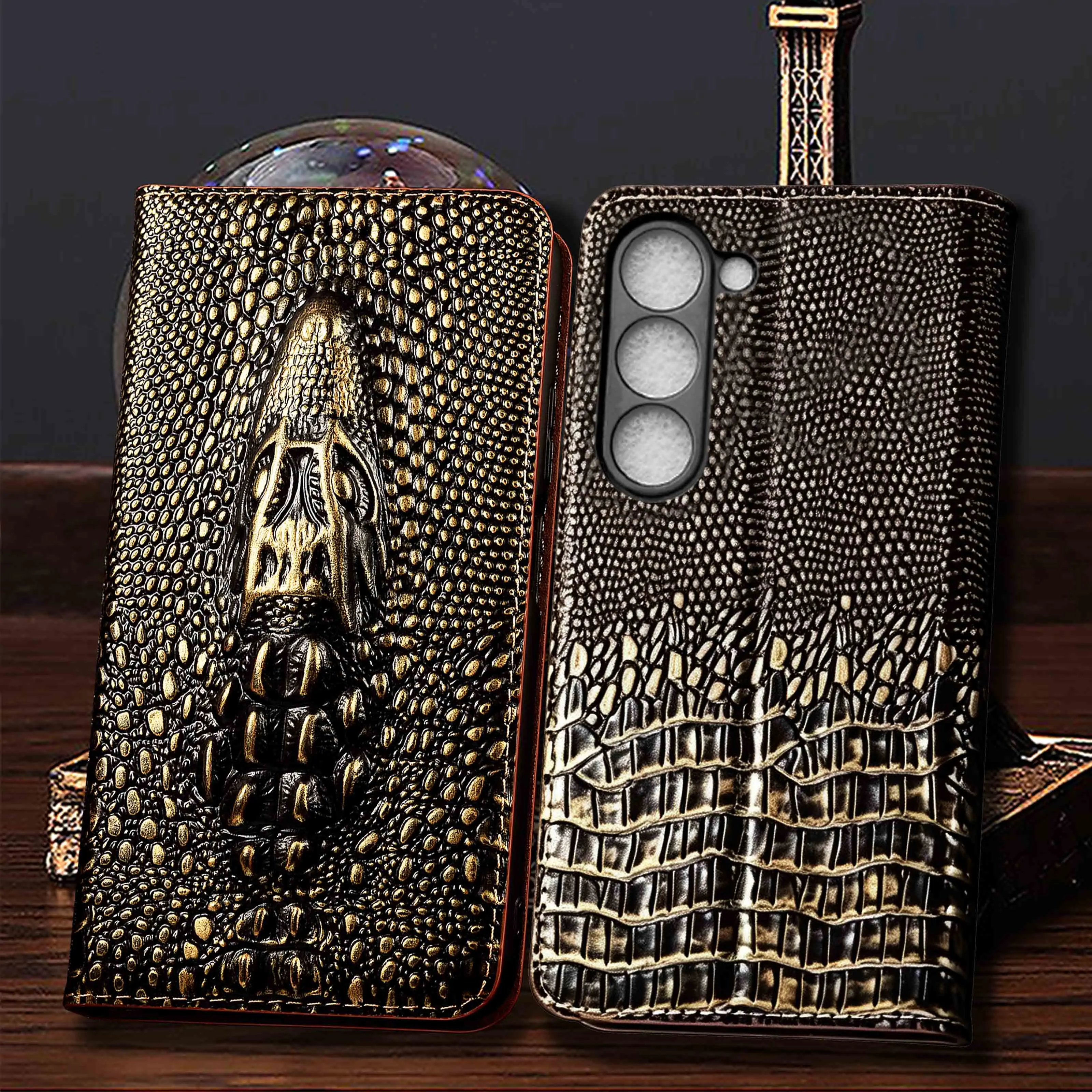 Vintage Crocodile Head Genuine Leather Flip Case For Samsung A14 A15 A16 A24 A26 A34 A35 A36 A53 A54 A56 A73 4G 5G Card Slots
