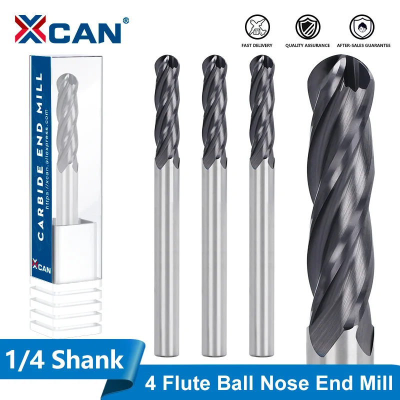 

XCAN 4 Flutes Ball Nose End Mill Solid Carbide CNC Router Bits 1/4 Inch Shank with 3 Inch Long Spiral Milling Cutter