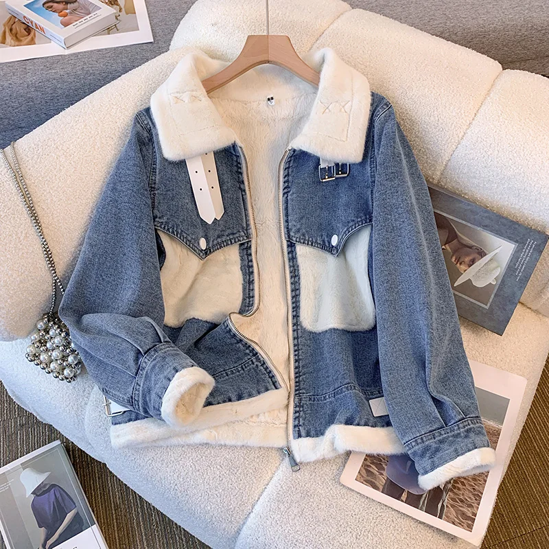 Korean Fashion Winter Women's Denim Coat 2023 Lapel Zip Plush Thick Warm Cotton Jacket Casual Work Clothes Faux Fur Blue Jackets